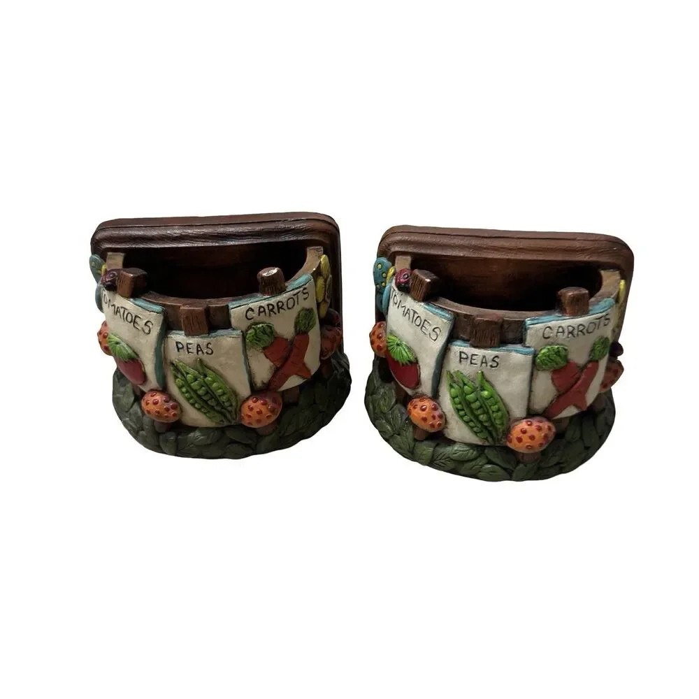 Set Garden Cheryl Gadow Vintage 1974 Hand Painted Chalkware Bookends & Planters